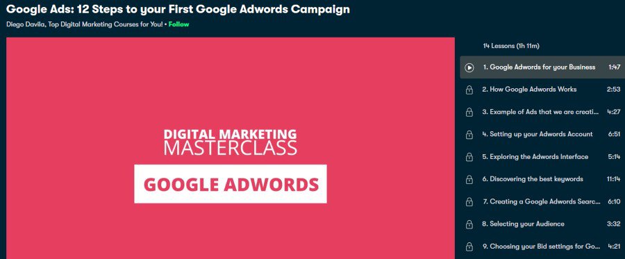 2. Google Ads 12 Steps to your First Google Adwords Campaign (Skillshare)