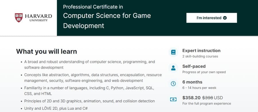 6. Professional Certificate in Computer Science for Game Development (edX)