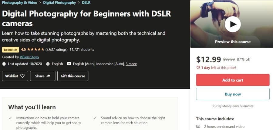 8. Digital Photography for Beginners with DSLR cameras (Udemy)