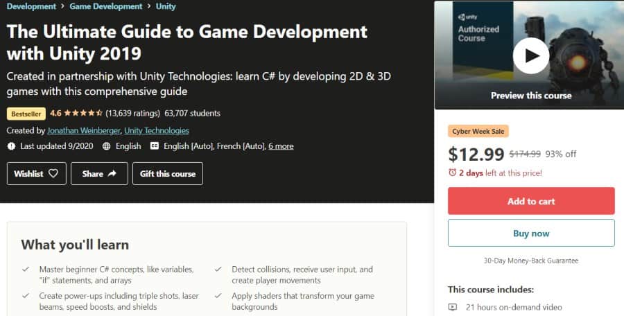 9. The Ultimate Guide to Game Development with Unity 2019 (Udemy)