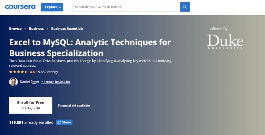 Excel to MySQL: Analytic Techniques for Business Specialization