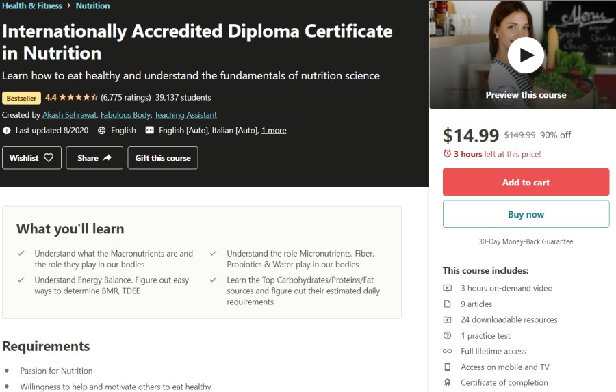 Internationally Accredited Diploma Certificate in Nutrition