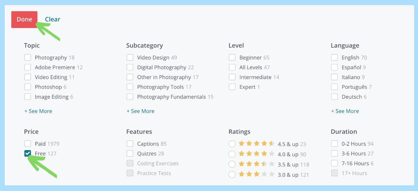 Udemy filters