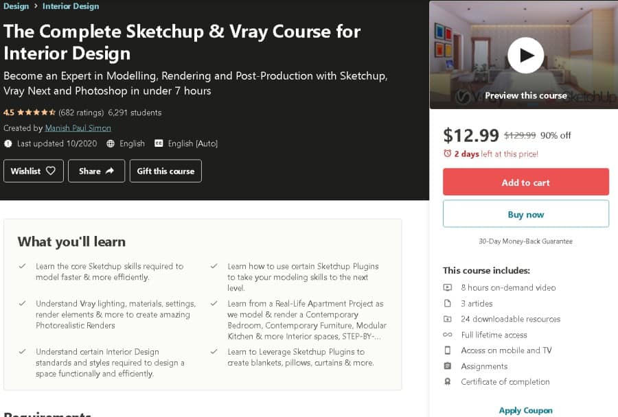 The Complete Sketchup & Vray Course for Interior Design (Udemy)