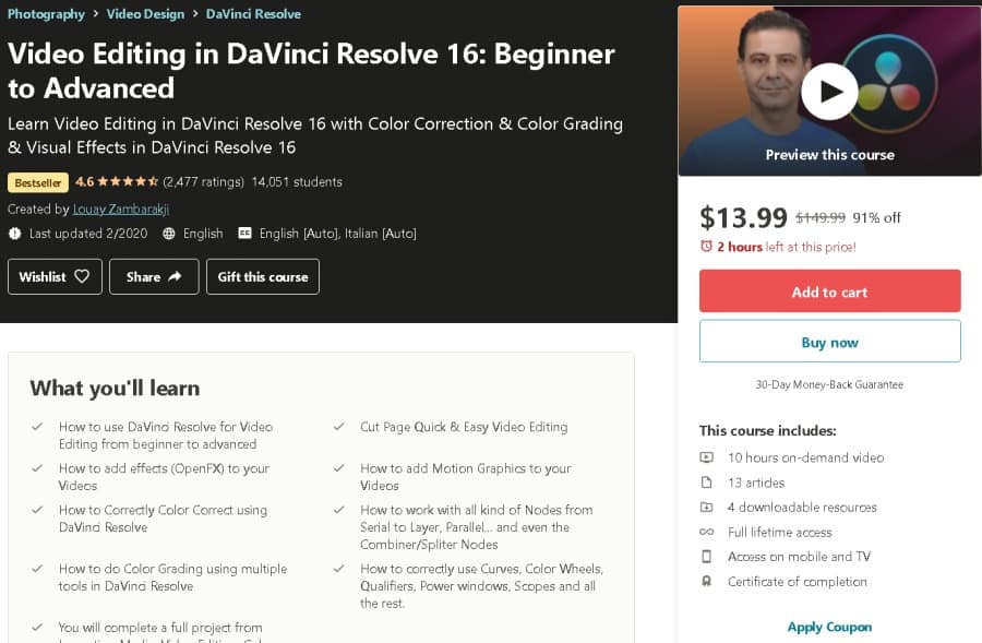 Video Editing in DaVinci Resolve 16 Beginner to Advanced (Udemy)